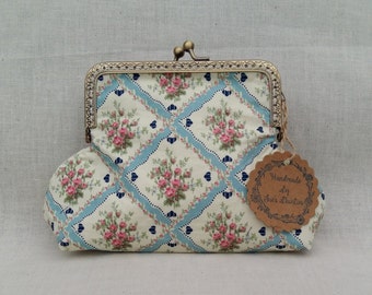 Blue and Cream Floral Make Up Bag/ Large Purse