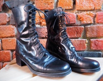 Women's 90s Black Leather Lace-Up Worker Grunge Ankle Boots Made In Italy Size 39 8 Like New