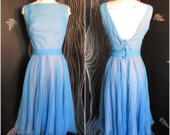 Vintage 60s Miss Elliette Party Dress. Size US 2-4, S. Blue Sheer Pleated Chiffon. Low Bow Back. Metal Zip. 36 Bust.25 Waist.Madmen Madness!