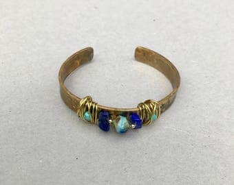 hand forged brass cuff bracelet, rustic jewelry, Lapis Lazuli, turquoise, good vibes jewelry, design jewelry,