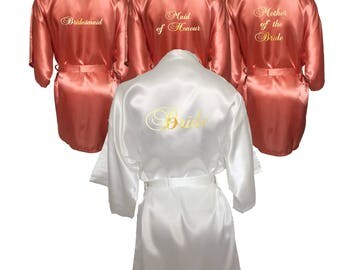 Bridesmaid Robes Set of 6, Bridesmaid Robe, White and Coral Set of 6 Bridal Robes, Mother of the Bride, Maid of Honour, Bridal Party Robe