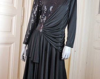 European Vintage Black Sequin Evening Dress, 1980s Black Midi Dress, Goddess Folds Elegant Black Dress, Party Dress: Size 8 (US), 12 (UK)