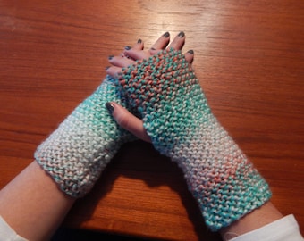 Colorful Coral Aqua Fingerless gloves hand warmers Knit mitts gift knitted mittens