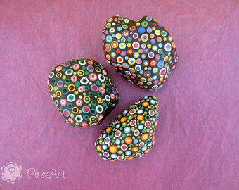 Set of 3 hand painted stones- retro style rocks- new house gift- decorated rocks- acrylic painted rock- art in stone- collectible rocks