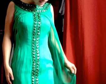 1960's evening gown in silk and emarald green chiffon - hippie chic ethnic style - glitter collar with mousseline veil