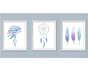 Watercolour Dreamcatcher, Indian Headdress & Feathers Printable Art, Art Trilogy, Art Print, Wall Art, Nursery Prints, Blue Purple Green