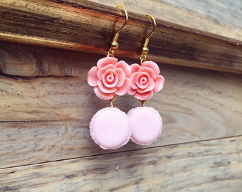 Romantic Macaron Earrings, Cute Vintage style earrings with Rose and Macarons, Miniature Food