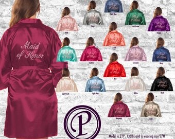 17 Colors Satin Rhinestone Maid of Honor Thigh Length Robe, Rhinestone Bridal Party Robe, Wedding Day Robe, Robe Sets