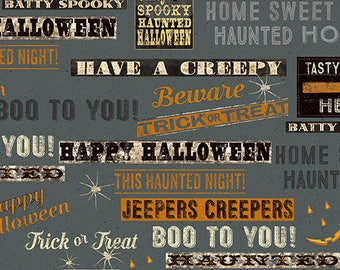 Charcoal Halloween Fabric By the Yard - Jeepers Creepers: Words Fabric - Dark Gray by Dan DiPaola for Clothworks Fabrics