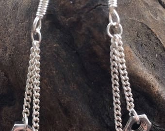 X Small Double Drop Hex Nut 925 Earrings