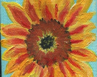 Sunflower mini canvas acrylic painting, original little painting, 3 x 3 Farmhouse decor