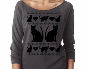 Holiday Ugly Christmas Sweater Cats Off Shoulder Sweatshirt Women's crazy cat lady xmas Clothing with kittys Sweat Shirts Long Sleeve