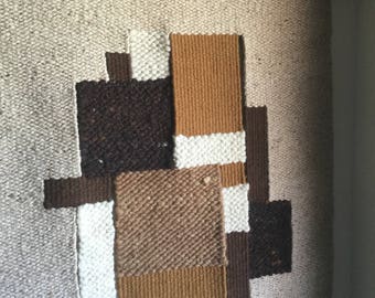 Huge 5'+ Midcentury Modern Fiber art wool weaving with fringe and teak hanger