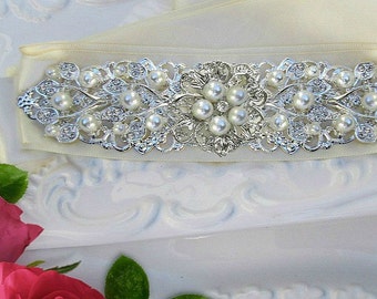 Sale, Pearl wedding sash bridal belt Crystal wedding dress sash Silver bridal belt crystal ivory sash Rhinestone ribbon sash jeweled