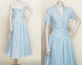 1950s Blue Lace Dress --- Vintage Strapless Party Dress
