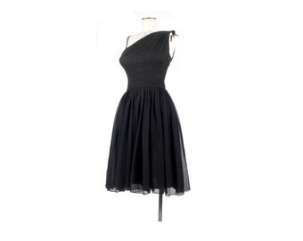 Vintage 50s Dress - Vintage 60s Dress - 50s Party Dress - 60s Party Dress - One Shoulder Dress - Black Chiffon Dress - Silk Chiffon Dress XS