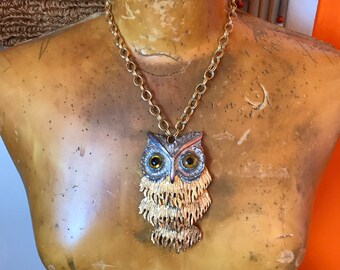 Owl Necklace // Silver and Gold Pendant // 1970s Jewelry // Boho Chic // Bohemian // Articulated // Hippie Clothes // Festival Clothing