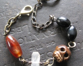 SALE - Grimly No. 5 - Grumpy Carved Bone Skull Bracelet With Stones and Antique Rosary Beads