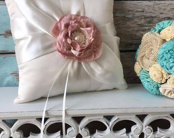 Dusty Rose ring bearer pillow / rustic wedding pillow / dusty rose wedding/ ring pillow / ring bearer / dusty pink flower / ivory satin