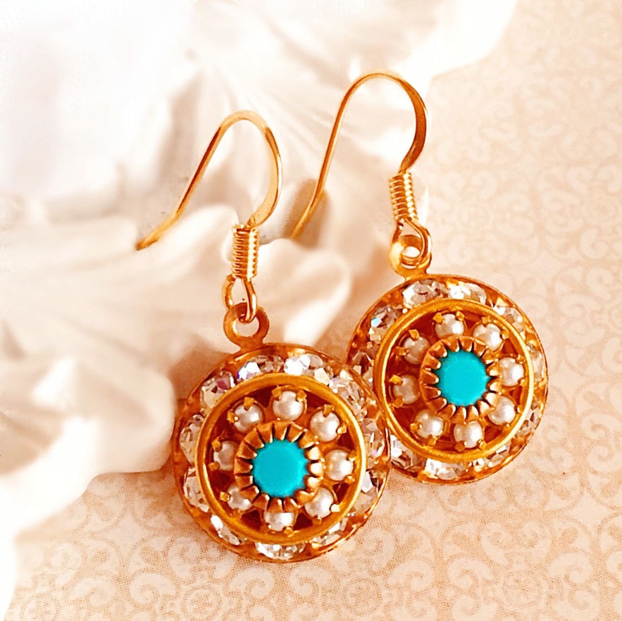 Art Deco Earrings - Turquoise - Crystal Cluster Earrings - Beach Wedding - AURORA Pacifica