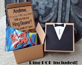 Ring POP ~ Will You Be My Ring Bearer TUX Boxed Invite Time To Suit Up Rustic POP the Question Tuxedo Bow Tie
