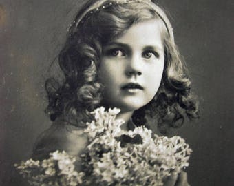 Antique flower girl photo postcard, Antique French pretty girl photo postcard, Antique Edwardian girl RPPC, Pretty girl with flowers RPPC