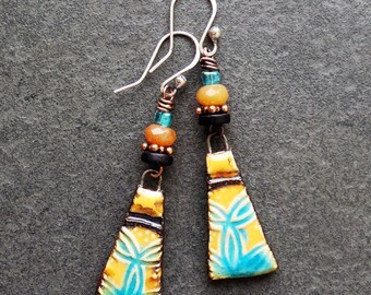 Boho Chic Ceramic Charms Quartz Wood and Glass Earrings, Orange Turquoise and Brown Colored Patterned Drop Earrings
