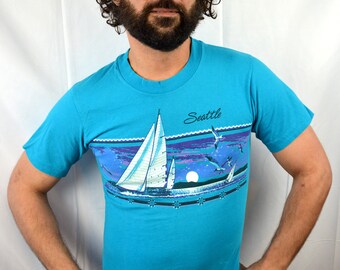 Vintage 90s 1991 Seattle Sailboat Blue Tshirt Tee Shirt