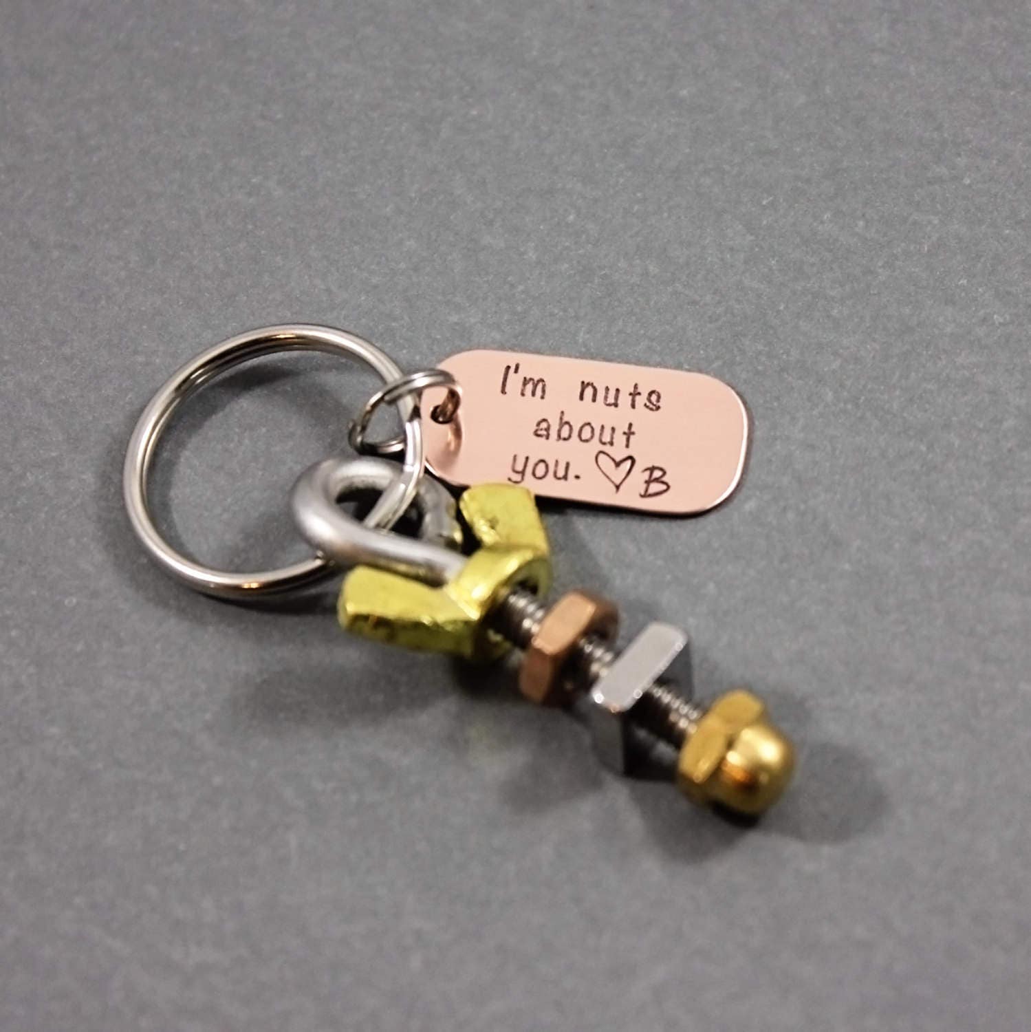 Mens Keyring Nuts about you Keychain for Him Nuts Bolts