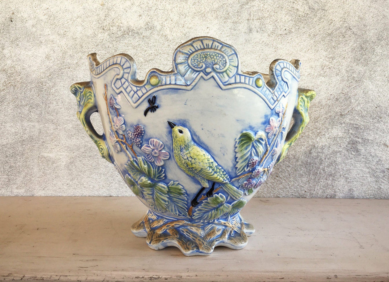 Victorian Majolica planter with bird dragonfly, antique ceramic