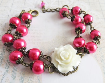 Hot Pink Bracelet, Beaded Bracelets White Flower Bracelet, Bridesmaid Gift, Country Wedding Jewelry, Rose Bracelet, Rustic Jewelry