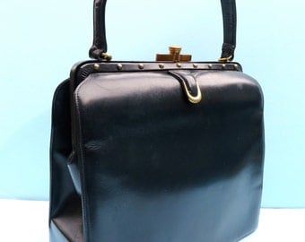 Vintage 1950's/Navy Blue Leather Purse Handbag Large/50's Large Navy Purse with Top Handle/50's Large Navy Blue Handbag