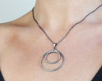 6th Anniversary Gift for Her. Iron Anniversary, Two Circles Necklace. Hammered Iron Circles Necklace. “Double Happiness" Rustic Necklace