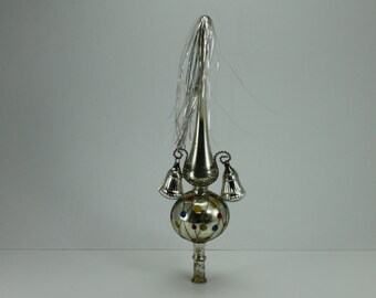 Vintage Mercury Glass Christmas Tree Topper Silver Germany US Zone Wired Bells Tinsel Tassel Polka Dot Hand Blown Christmas Holiday Decor