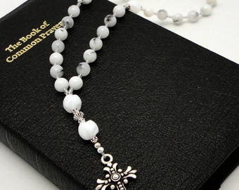 Anglican Rosary / Protestant Prayer Beads in White Dendritic Quartz with TierraCast Silver Pewter Fleur Cross