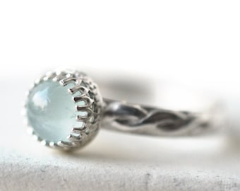 Celtic Aquamarine Ring, Women's Sterling Silver Engagement Jewelry, Custom Engraving, Aqua Stone