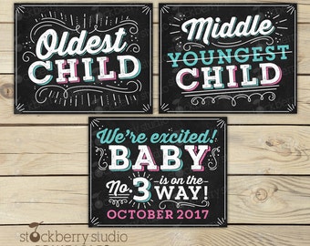 3rd Pregnancy Announcement Sign - Oldest Middle Youngest - Photo Props - Pregnancy Reveal - 3rd Baby Announcement Sign - Were Expecting