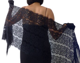 Black Shawl, Black Stole, Black Lace Stole, Black Lace Wrap, Black Boho Fringe piano, Black Wrap, Evening Shawl,Lace Scarf, Gothic