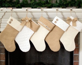 Christmas Stockings. Burlap Christmas Stockings. Natural Burlap, Ivory Cream Quilted Christmas Stockings. 9 styles of Christmas Stockings