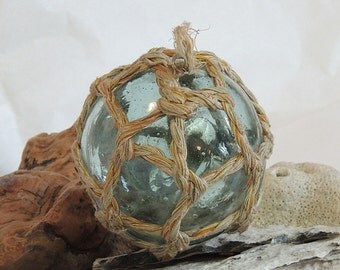 Vintage Japanese GLASS FISHING FLOAT With Unusual Full Original Net.. Moss Green (#59)