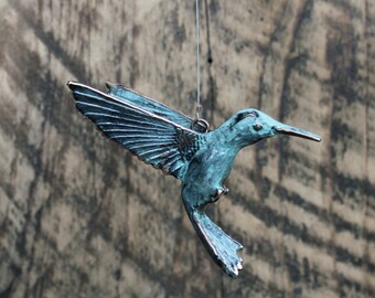 Hanging Hummingbird copper patina sculpture