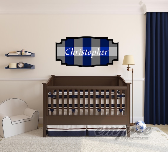Blue Gingham Check Custom Name Decal, Framed Custom Nursery Decal, Personalized Boys Name Checkered Wall Decal, Monogram decal