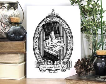 Mark Twain Quote Print - Whimsical Animal Illustration - Steampunk Cat Wall Art - Inspirational Art Print - Typography by Chatty Nora