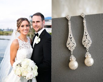 Bridal Earrings, Wedding Earrings, Swarovski Pearl Drop Dangle Earrings, Vintage Style Earrings, Old Hollywood Wedding Jewelry, TRISSIE