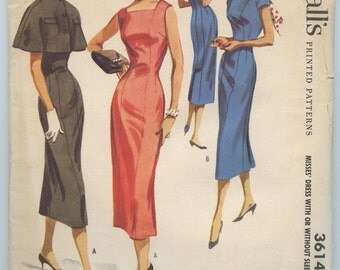 1950's McCall's 3614 Misses' Princess Seamed Sheath Dress with Square or High Round Neckline and Cape Vintage Sewing Pattern Bust 38