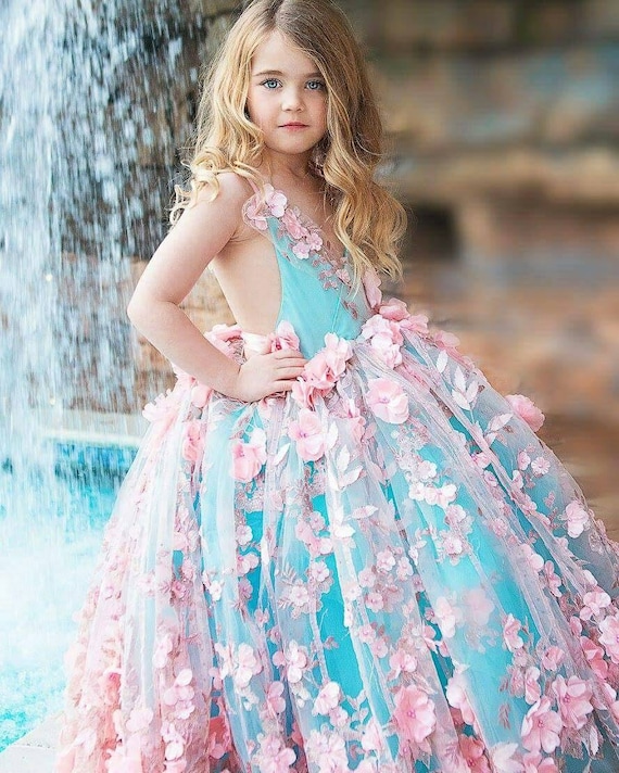 flower girl dress, pink and aqua couture flower girl dress