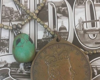 ANTIQUE ENGLISH Queen Elizabeth medal vintage assemblage necklace