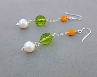Long Freshwater Pearl Earrings - Green and Orange Vintage Glass Earrings with Sterling Silver and Gold Fill
