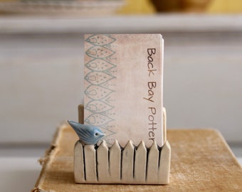 Little Bird On a White Picket Fence - Vertical Business Card Holder - Sky Blue - Modern Office Decor - MADE TO ORDER