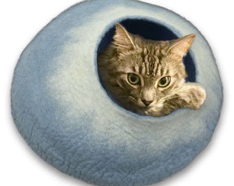 FREE SHIP Cat Cave by Walking Palm - LARGE - Sky Blue and White - ships now from usa / Cat Bed / Pet Bed / Hand Felted Wool